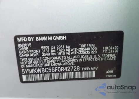 2015 BMW X6 M z USA, uszkodzony, nr VIN 5YMKW8C56F0R42728